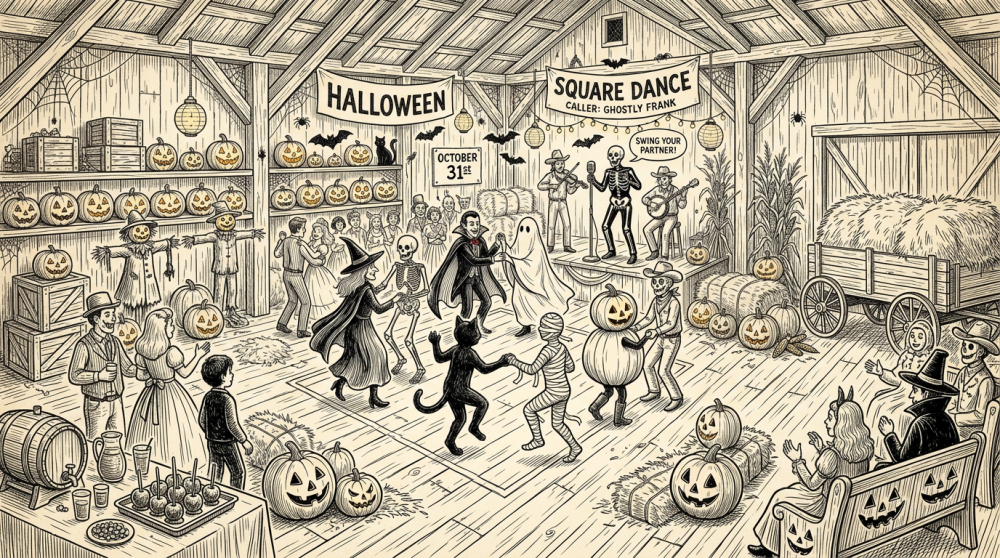 Halloween square dance with costumed dancers, musicians, pumpkins, and event banners